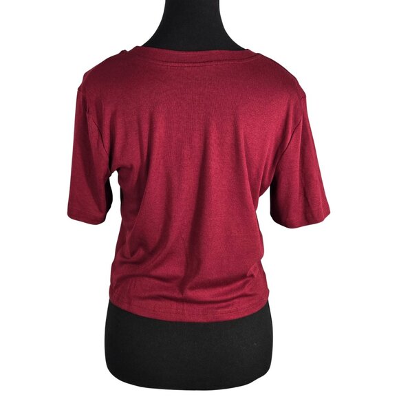 3/$25 NWOT | Burgundy V-Neck Short Sleeve T-Shirt Top Front Knot Hem | Small - Picture 2 of 5